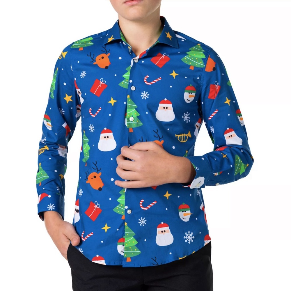 Oppo suits long sleeve button down. Light navy blue holiday shirt